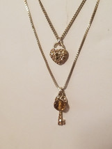 Fossil Silvertone Citrine Crystals Key To Your Heart Necklace 2 Strands Marked - $19.75
