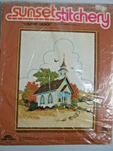 Country Church Cross Stitch Sunset Stitchery 1980 Vintage Set Fits 14&quot;x18&quot; Frame - £22.50 GBP