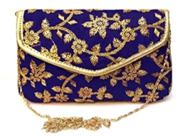 Clutch with Chain Golden Embroidered for Women&#39;s ( Blue) - $32.19