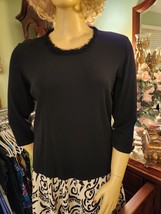 Designers Originals Black ribbed knit fringe neck 3/4 sleeve knit top Si... - $19.79