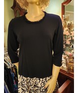 Designers Originals Black ribbed knit fringe neck 3/4 sleeve knit top Si... - £15.68 GBP