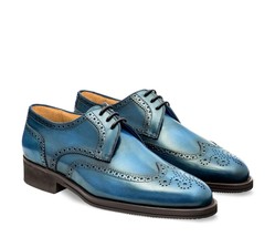 New Darby Handmade Sea Blue color Wing Tip Brogue Shoe For Men&#39;s - $159.00