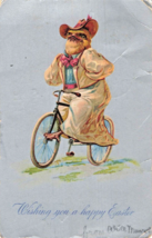 Wishing You Happy EASTER-ANTHROPOMORPHIC Chick Riding BICYCLE-1906 Gilt Postcard - £8.68 GBP