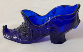 Vintage Mosser Victorian Rose Cobalt Blue Glass Shoe Slipper Curled Toe - £12.01 GBP