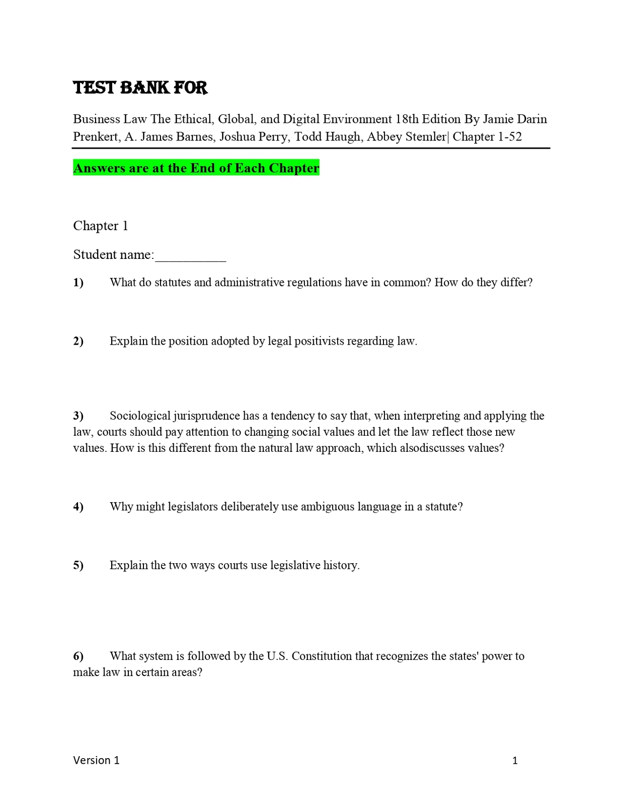 Test Bank for Business Law The Ethical, Global, and Digital Environment ... - $17.99
