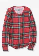 NEW VICTORIAS SECRET PINK LONG SLEEVE COZY TEE Holiday Plaid RED small S... - £13.21 GBP