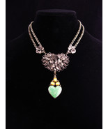 Antique sweetheart necklace / Sterling Moonstone Heart /  malachite drop / ornat - $245.00