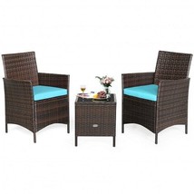 3 Piece Patio Rattan Furniture Set Cushioned Sofa and Glass Tabletop Dec... - $154.95