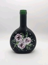 Vintage Green Glass Liquor Bottle/Vase with Hand Painted Flowers Shabby Chic - £9.52 GBP