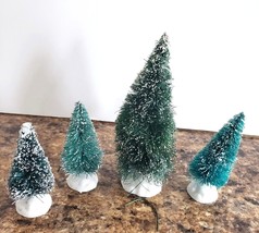 4 Green Bottle Brush Trees with Snow Christmas Village Crafts 4&quot; &amp; 2 3/4&quot; - £4.69 GBP