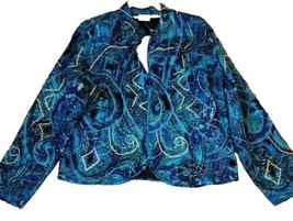 CHICO&#39;S Blue Embellished Beaded Open Front Lined Silk Blazer Jacket Sz 2... - $29.95