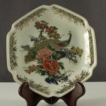 Vintage Hexagonal Plate PEACOCK Bird Floral Flower JAPAN Gold Trim 7.5&quot; - £14.66 GBP