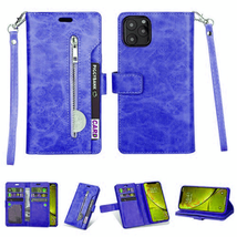 Leather Card Holding Zipper Case w/Strap for iPhone 12 Pro Max 6.7&quot; DARK BLUE - £7.56 GBP