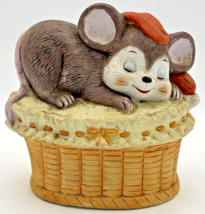 Vintage Lefton Sleeping Anthropomorphic Mouse On Basket Hand Painted Figurine - £19.80 GBP