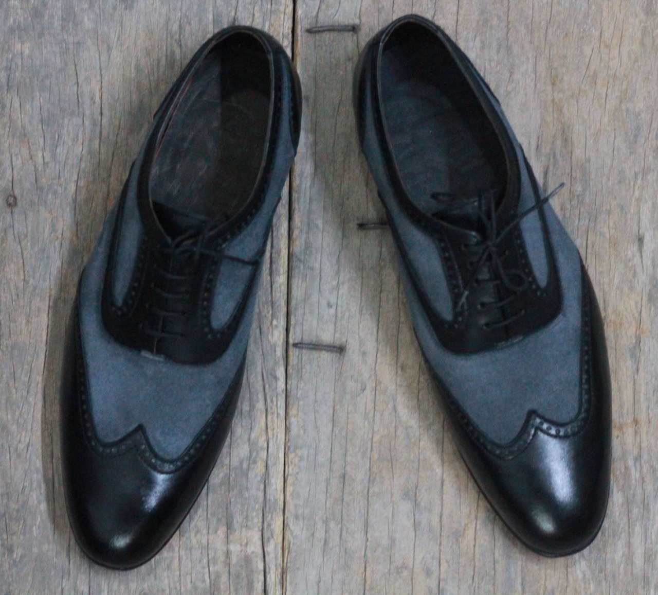 Handmade Men's Black Gray Leather Suede Wing Tip Lace Up Shoes, Men Formal Shoes