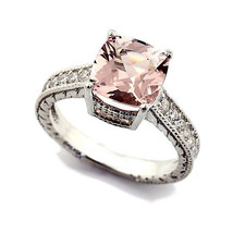 2.10Ct Cushion Cut Morganite &amp; Diamond Solitaire Engagement Ring Sterling Silver - £102.73 GBP