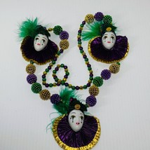 Mardi Gras Bead Necklace 3 Masks New Orleans Lafayette 23 Inches Green Gold - £15.80 GBP