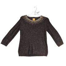 Ruby Rd Metallic Gold Rhinestone Black Top Women&#39;s M 3/4 Sleeve Glam Par... - $20.00