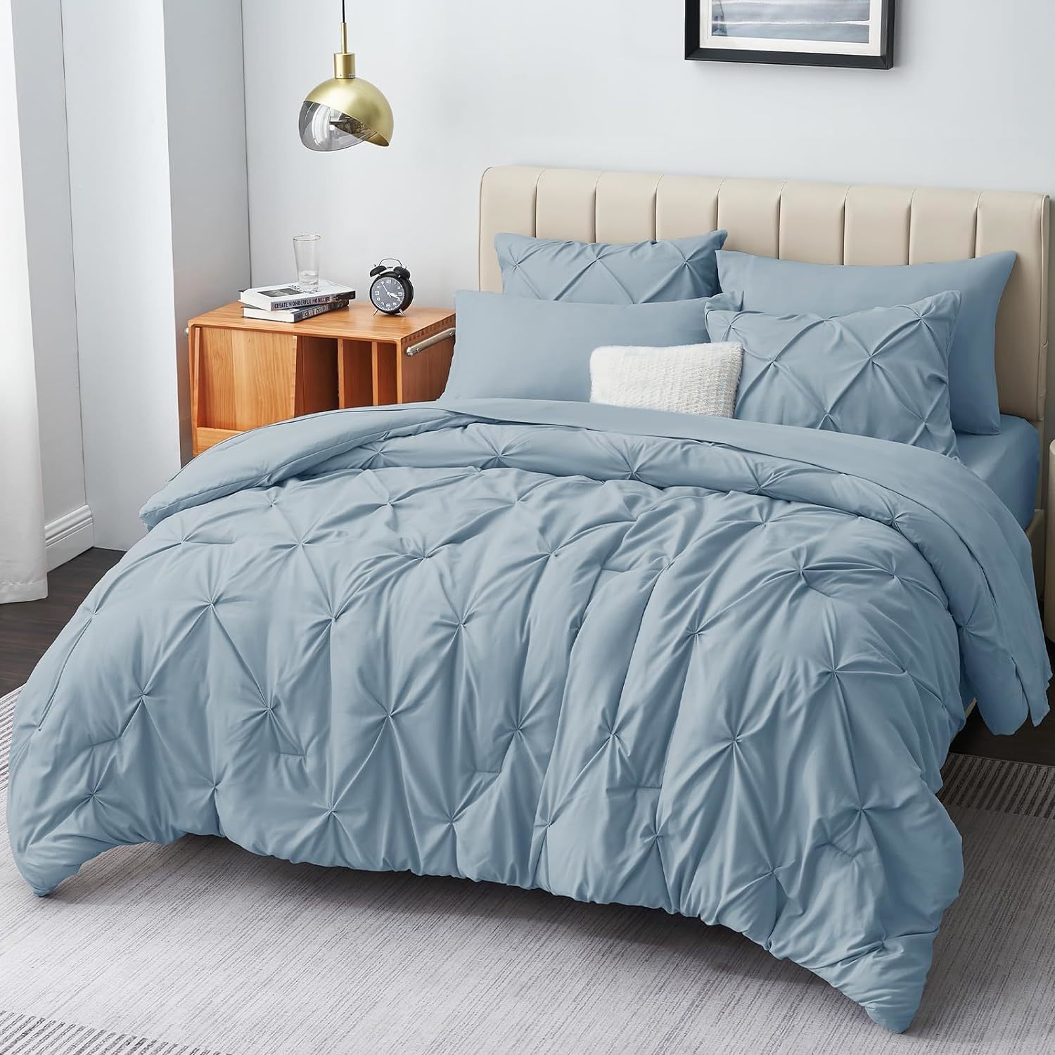 Full Size Comforter Sets - 7 Pieces Comforters Full Size Light Blue, Grey Pintuc - £68.10 GBP