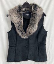 Tribal Button Up Black Faux Fur Trim Faux Suede Vest Blazer Stretch Size Medium - £11.38 GBP