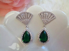 14K White Gold Plated Silver 4.30Ct Simulated Green Emerald Drop/Dangle ... - $125.23