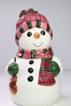 Jolly Snowman Pink Green Hat Scarf Holding Skates Candy And Cookie Jar BRAND NEW - £33.22 GBP