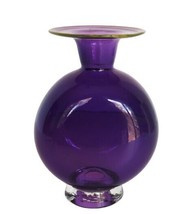 Stunning vintage purple art glass round vase with yellow edge accent - $74.99