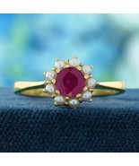 14K Yellow Gold Natural Ruby and Pearl Vintage Style Floral Ring - $700.00