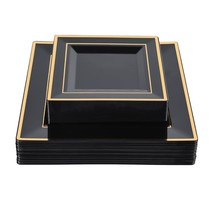 60 Pack Black Square Plastic Plates With Gold Rim Include 30 Disposable Dinner P - £48.75 GBP