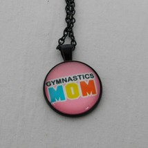 Gymnastics Mom Sports Tumbling Beam Black Cabochon Pendant Chain Necklace Round - £2.35 GBP