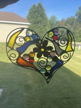Glass Sculpture 3D Stained Glass Heart Beach Glass USA Handmade Bronze Finish - £36.75 GBP