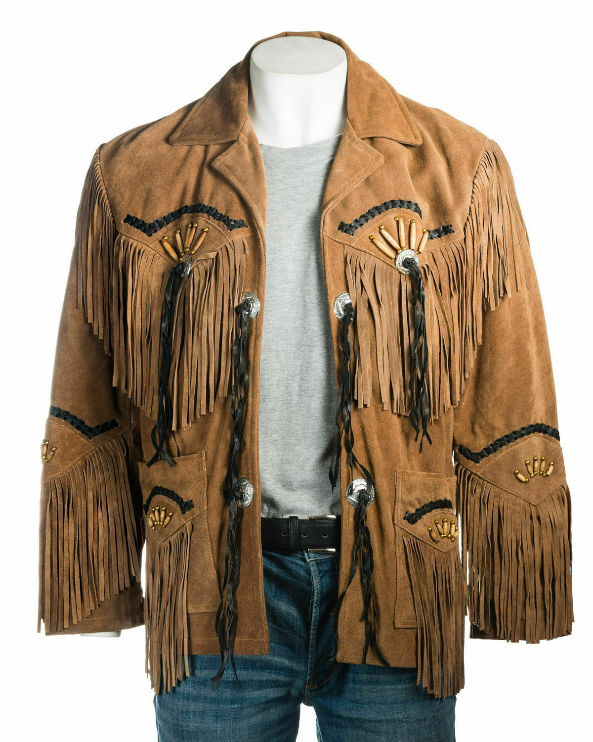 Brown Western Style Men's Fringed Bone Beads Concho Suede Vintage Leather Jacket