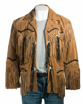 Brown Western Style Men&#39;s Fringed Bone Beads Concho Suede Vintage Leather Jacket - £140.99 GBP