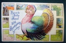 Antique Anthropomorphic Humanized Thanksgiving Turkey W Human Girl Head Embossed - £54.56 GBP