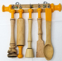 Kitchen Utensil Set Decorative Small Wood Painted Floral Yellow Handmade 1980s - £15.11 GBP