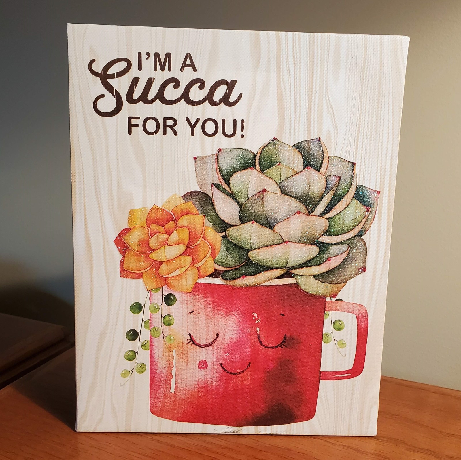 Canvas Print Wall Art, I'm a Succa For You, Glitter Succulents in Red Planter - £11.98 GBP