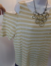 Chico&#39;s Sparkling Gold &amp; White Short Sleeve Cold Shoulder Top in Sz 2 or Large - £17.95 GBP