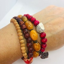 Orange Red Brown Wood Bead 4 Stack Bracelet Set Copper Heart Rhinestone Skull - £18.43 GBP