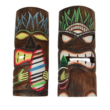 12 Inch Hand Carved Wooden Surfer Tiki Masks Wall Hanging Beach Home Decor Set - £30.92 GBP
