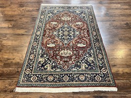 Pakistani Oriental Ruf 5x7 Wool Hand Knotted Vintage Carpet Red Navy Blue Floral - £1,886.46 GBP