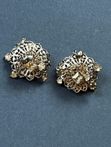 Vintage Lacy Layered Silvertone Flower w Clear Rhinestone Dangle Clip Earrings – - £10.31 GBP