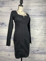 Thrill Denim Bodycon Dress Women M Black Long Sleeve Sweetheart Neck Zip Stretch - £14.18 GBP