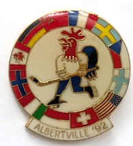 Albertville 1992 Winter Olympics Ice Hockey Pin Flags Ring French Rooste... - $12.99