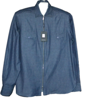 Bugatchi Men&#39;s Blue Black Plaids Cotton Zipper Shirt Jacket Classic Fit Size M - £118.57 GBP