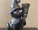 New Black Witch Cat Holding broom Resin Halloween Figurine Spooky - $39.93