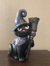 New Black Witch Cat Holding broom Resin Halloween Figurine Spooky - £31.84 GBP
