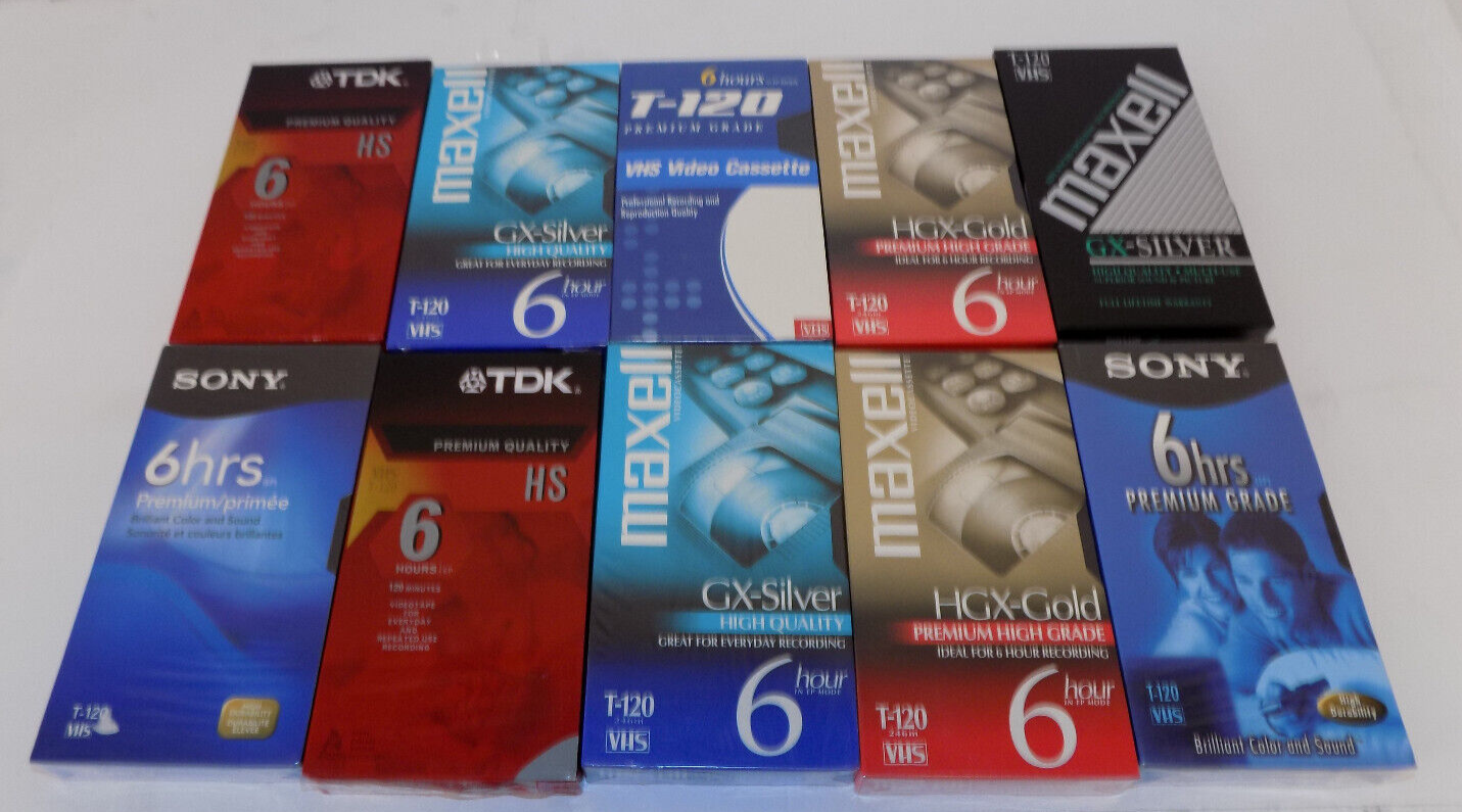 Mixed Lot of 10 Premium T-120 Blank VHS VCR Video Tapes TDK Sony Maxell Sealed - £30.64 GBP