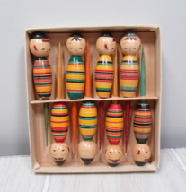 Kokeshi doll set of vintage cocktail drink picks cheese small wooden bar... - $51.45