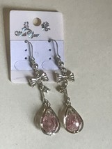Estate Long Silvertone Bows with Caged Pink Rhinestone Dangle Earrings for Pier - £10.25 GBP