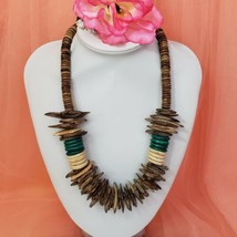 Brown Green Coco Wood Tribal Statement Necklace Beige Ethnic Natural Choker BOHO - £15.14 GBP